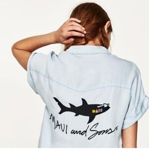 Zara Maui and Sons Collaboration Chambray Denim Cropped Shirt Size Women's Small